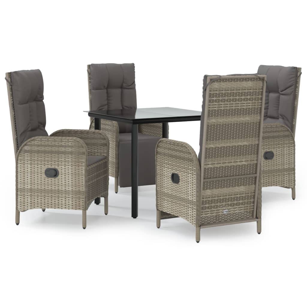 vidaXL 5-Piece Outdoor Patio Dining and Lounge Set - Black and Gray Poly Rattan, Adjustable Reclining Chairs with Cushions, Tempered Glass Table