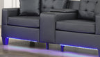 Genesis Black PVC Fabric Sofa Loveseat Living Room Set with LED Lights, USB Charger, Storage Console, Cupholders, Tufted Cushions