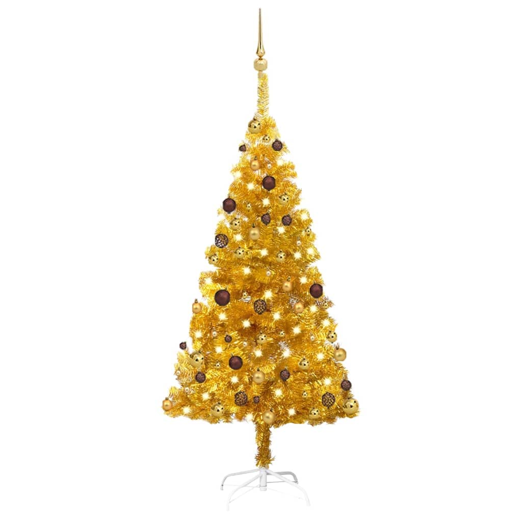 Vidaxl Artificial Gold Christmas Tree - 59.1&quot; Tall With Led Lights, Steel Stand, And Ball Decoration Set - Pet Construction - Usb Connection