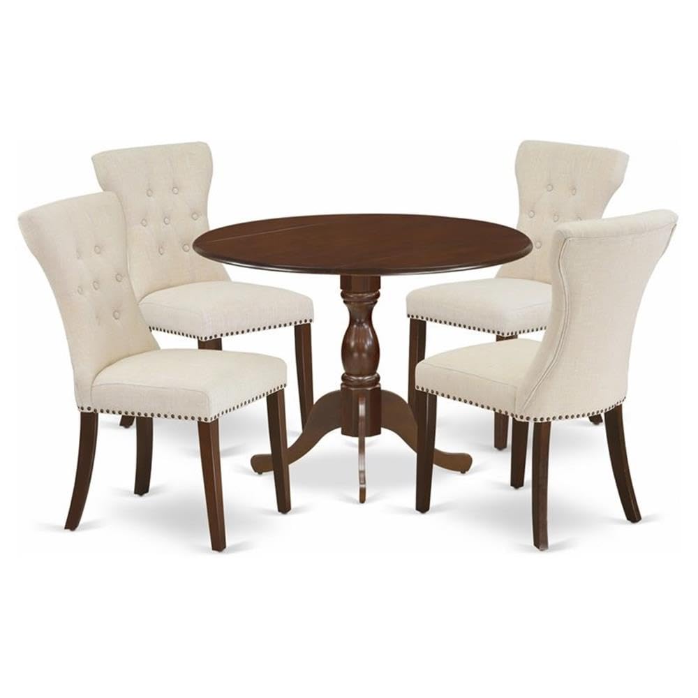 East West Furniture DMGA5-MAH-32 5 Piece Dining Set Includes a Round Dining Room Table with Dropleaf and 4 Light Beige Linen Fab
