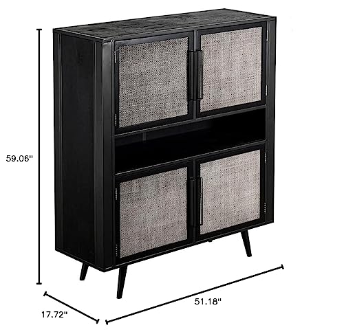 HomeRoots Mindi, Plywood, Split Rattan & Iron Modern Rustic Black Rattan Double Decker Accent Cabinet