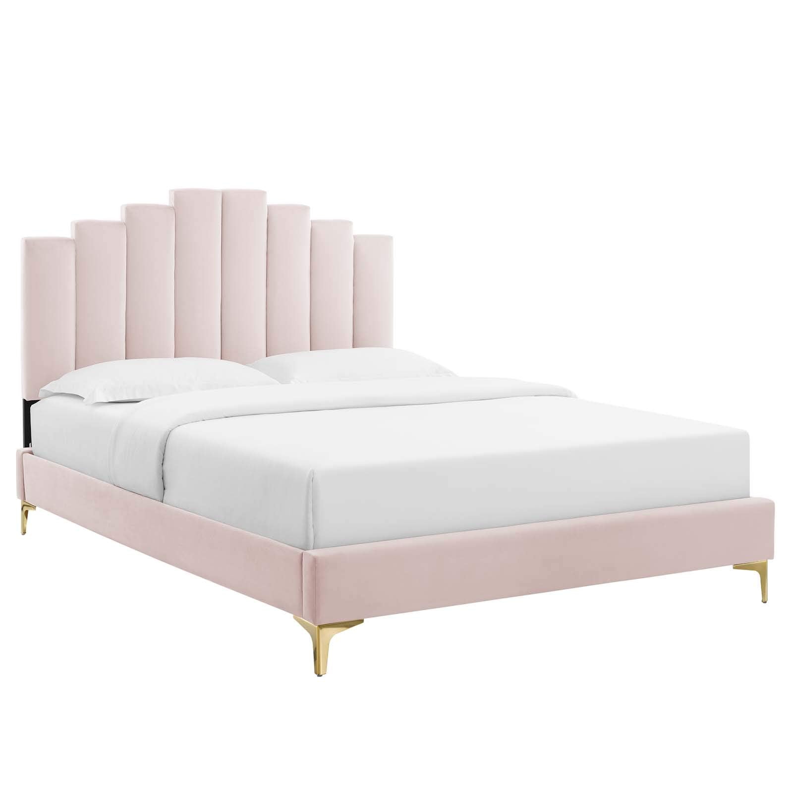 Modway Elise Channel Tufted Performance Velvet King Platform Bed In Pink With Gold Metal Legs