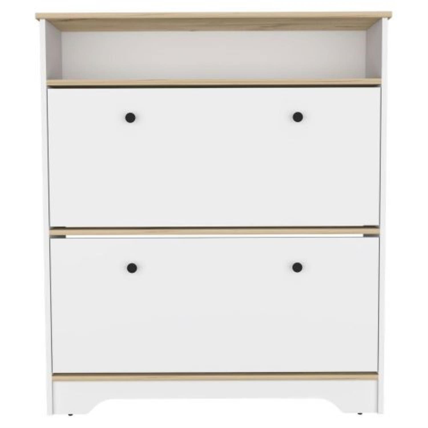 Wayne Shoe Rack With Open Shelf And 2 Hinged Doors, Light Oak/White