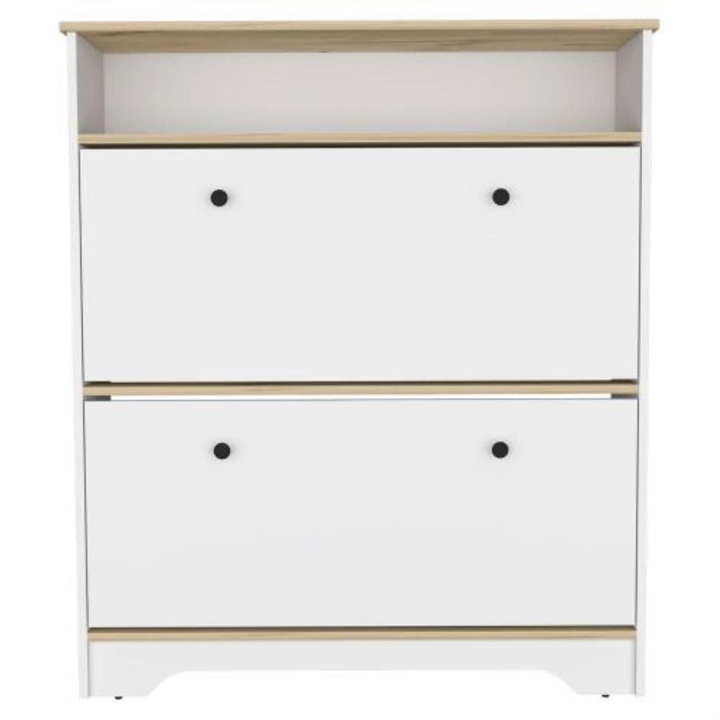 Wayne Shoe Rack With Open Shelf And 2 Hinged Doors, Light Oak/White