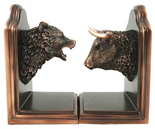 Ebros Wall Street Stock Market Bull and Bear Head Bookends Statue Set in Bronze Electroplated Resin Finish Investors Money Manag