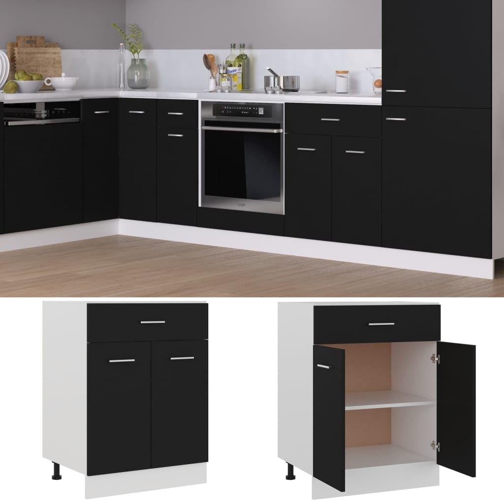 vidaXL Engineered Wood Drawer Bottom Cabinet in Black - Scandinavian Style Kitchen Storage Unit with Shelves and Drawer for Optimum Space Utilization