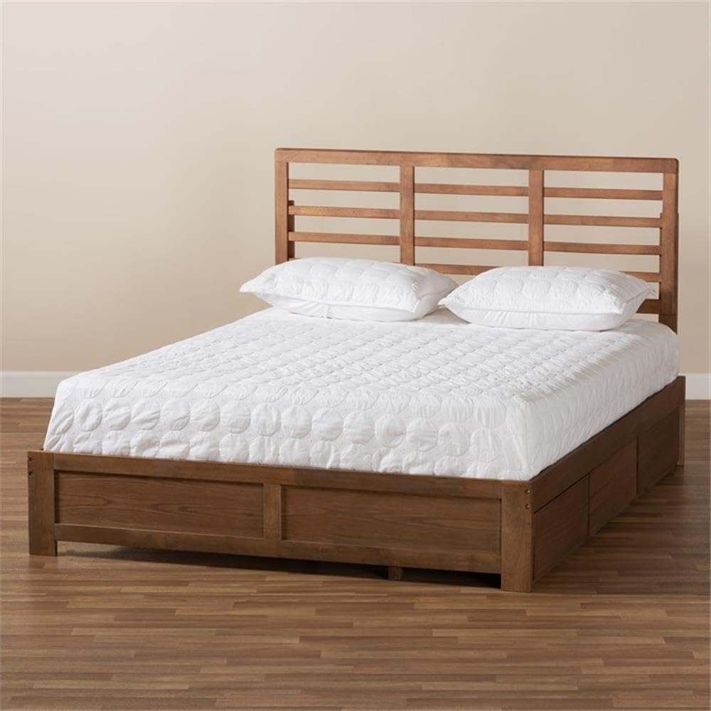 Baxton Studio Piera Modern and Contemporary Transitional Ash Walnut Brown Finished Wood Queen Size 3-Drawer Platform Storage Bed
