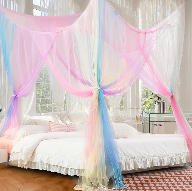 Curtains Bed Canopy Rainbow Mosquito Net For Bed Canopy Four Corner Post Elegant Mosquito Net Set, Stick Hook &Profession Rope F
