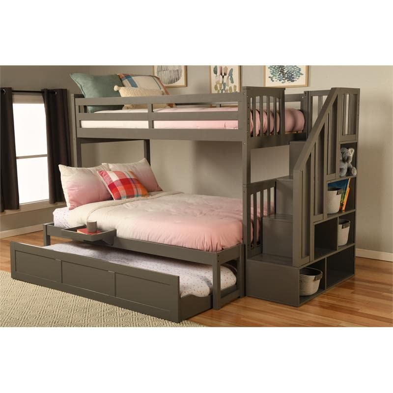 Kodiak Furniture Kelcie Twin/Full Wood Bunk Bed with Trundle and Tray in Dark Gray
