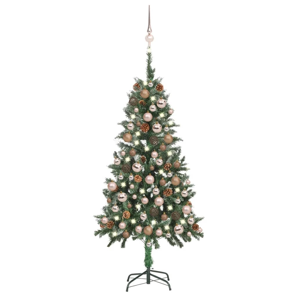 Vidaxl Artificial Pre-Lit Christmas Tree With Ball Set - 59.1&quot; Green Tree, 150 Led Lights, Pvc/Iron Construction, Pine Cones & Baubles Included