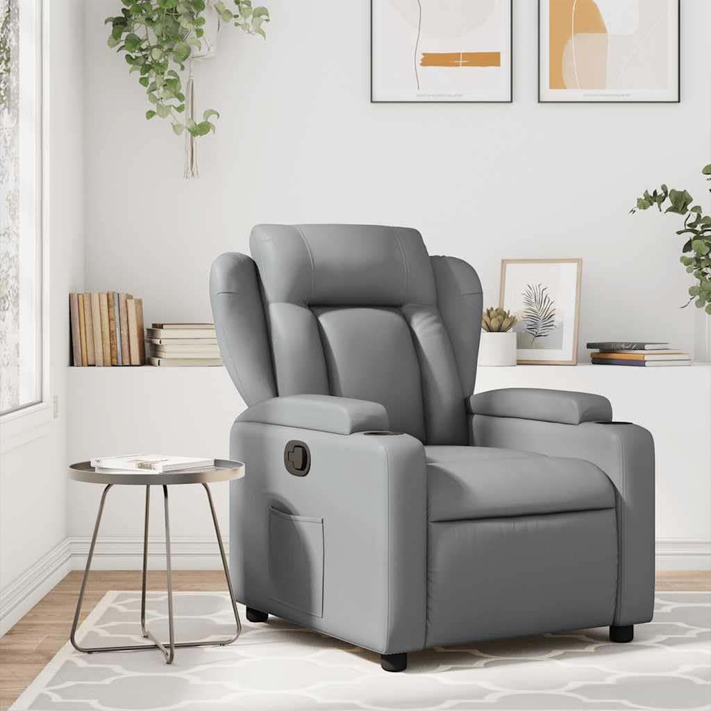 vidaXL Massage Recliner Chair - Gray Faux Leather, Manual Recline, 6-Point Vibration, Cup Holders, Side Pocket, Living Room & Office