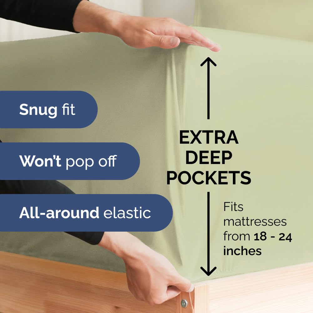 Extra Deep Pocket Queen Sheets - 4 Piece Breathable & Cooling Bed Sheets - Hotel Luxury Bed Sheet Set - Soft, Wrinkle Free & Comfy - Easily Fits Extra Deep Mattresses - Light Sage Green Sheets Set