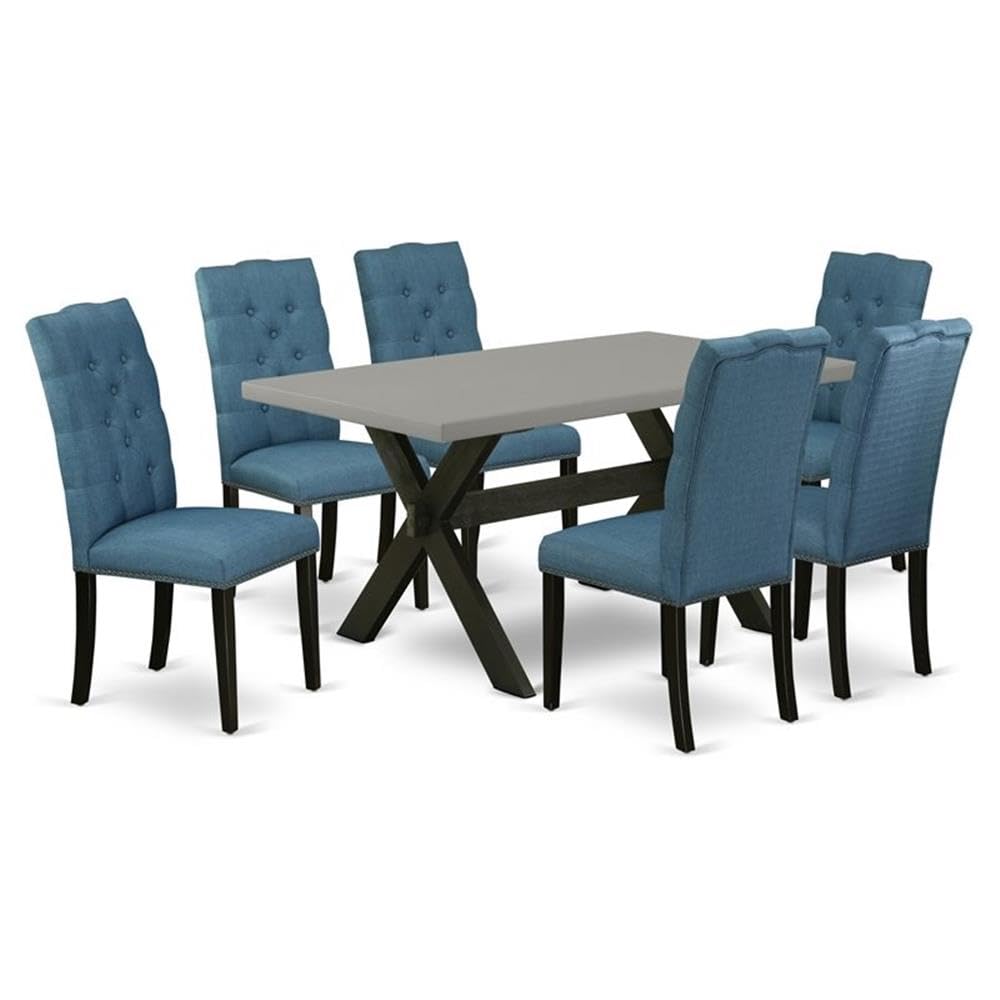 East West Furniture X696El121-7 7 Piece Dining Room Furniture Set Consist Of A Rectangle Dining Table With X-Legs And 6 Blue Linen Fabric Upholstered Chairs, 36X60 Inch, Multi-Color
