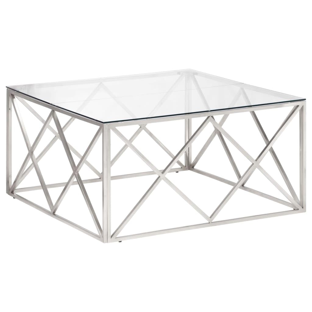 vidaXL Silver Stainless Steel and Tempered Glass Square Coffee Table Desk for Office/Living Room