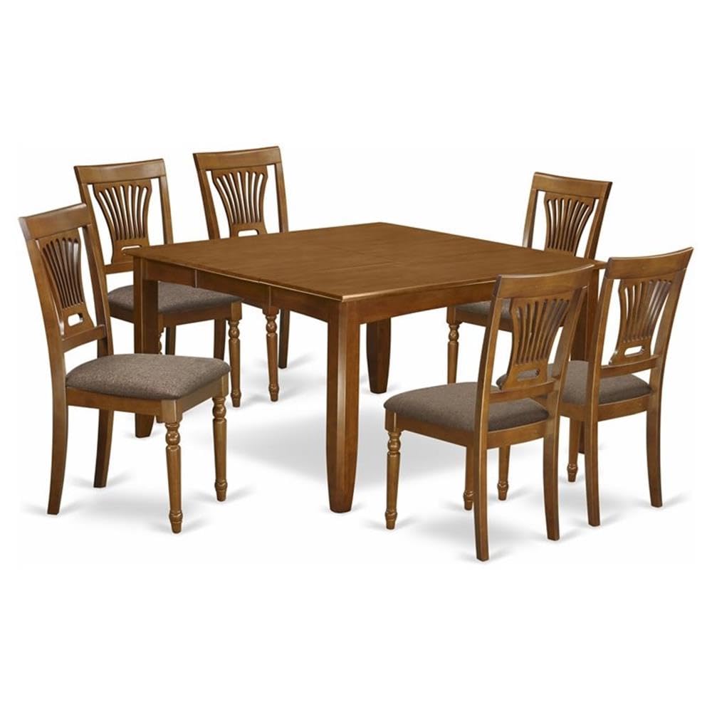 East West Furniture PFPL7-SBR-C 7 Piece Dining Table Set Consist of a Square Dining Room Table with Butterfly Leaf and 6 Linen Fabric Upholstered Chairs, 54x54 Inch, Saddle Brown