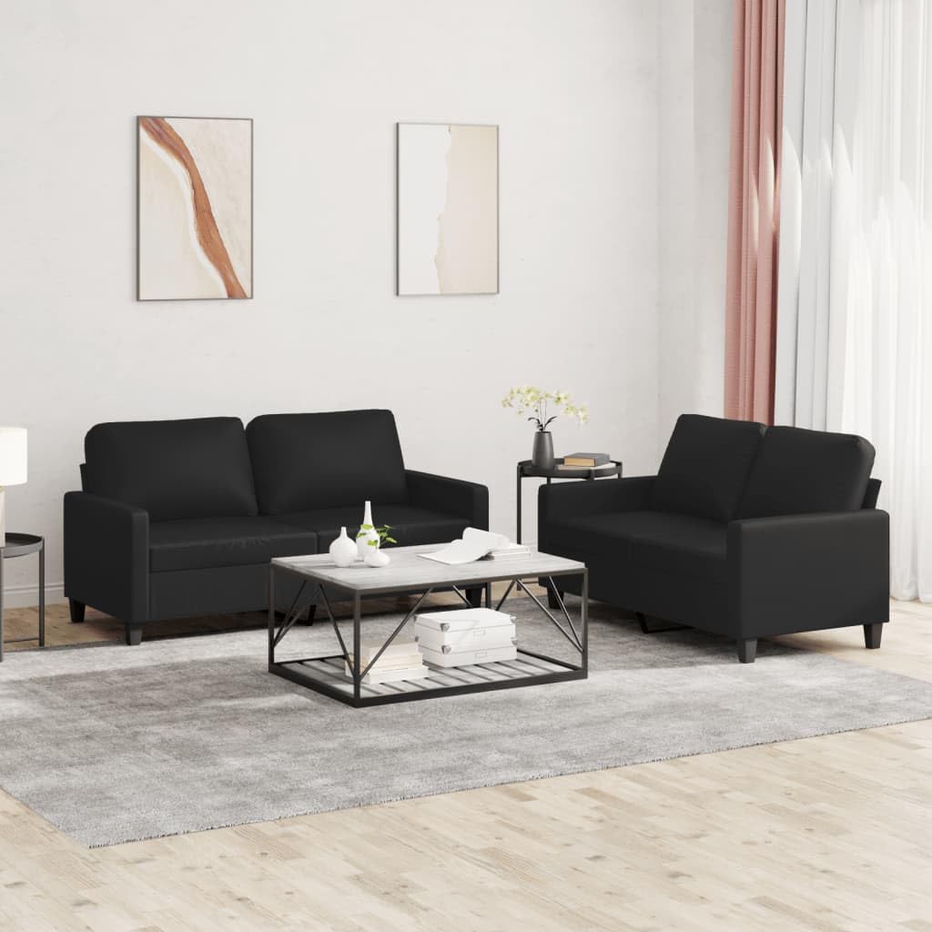 vidaXL 2 Piece Sofa Set, Black Faux Leather with Comfortable Cushions, Sturdy Metal and Plywood Frame, Small & Large 2-Seater for Living Room, Lounge or Office
