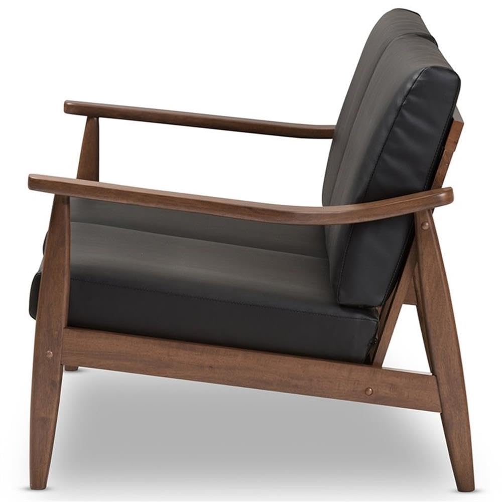 Baxton Studio Venza Mid-Century Modern Walnut Wood Black Faux Leather 2-Seater Loveseat Black/Wood