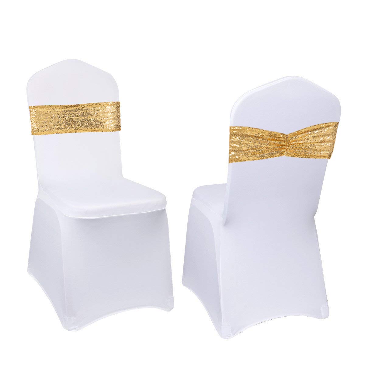 Eternal Beauty Set of 50 Sequin Chair Bands Bows Gold Chair Sashes for Banquet Chair Wedding Party Decorations