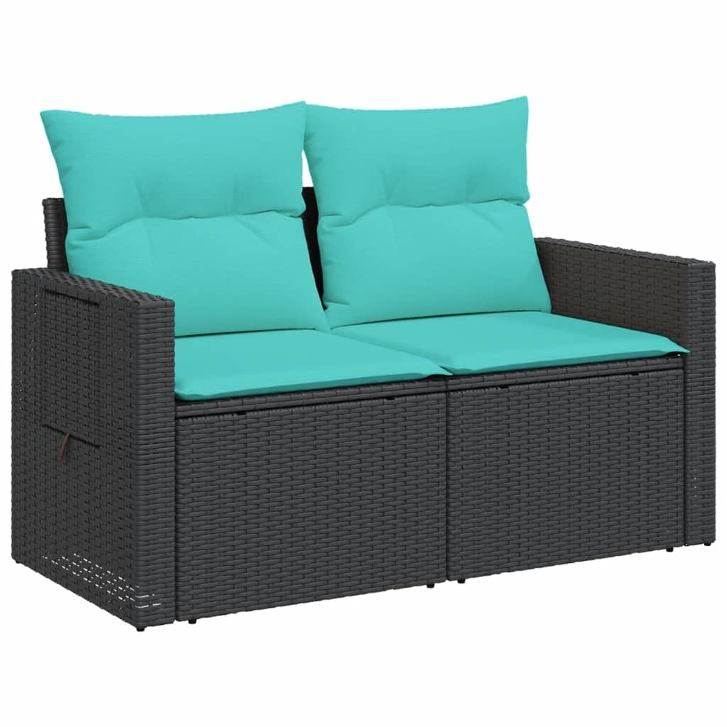 vidaXL Patio Sofa with Cushions - 2-Seater Outdoor Loveseat - Black PE Rattan - Foldable Side Table - Storage with Water-Resistant Bag