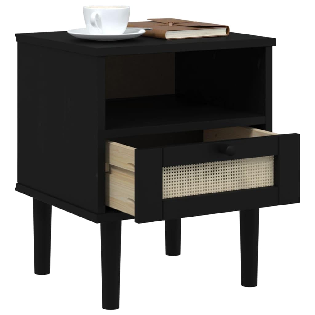 vidaXL SENJA Rattan Look Bedside Cabinet - Black Solid Pine Wood with UV Varnish Finish - Modern Styled Bedroom Furniture