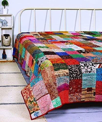 BOHEKANT Handicraft Silk Kantha Quilt Kantha Bed Cover Kantha Blanket Throw Handmade Kantha Bedspread01 (Twin, 60x90 Inches, Si