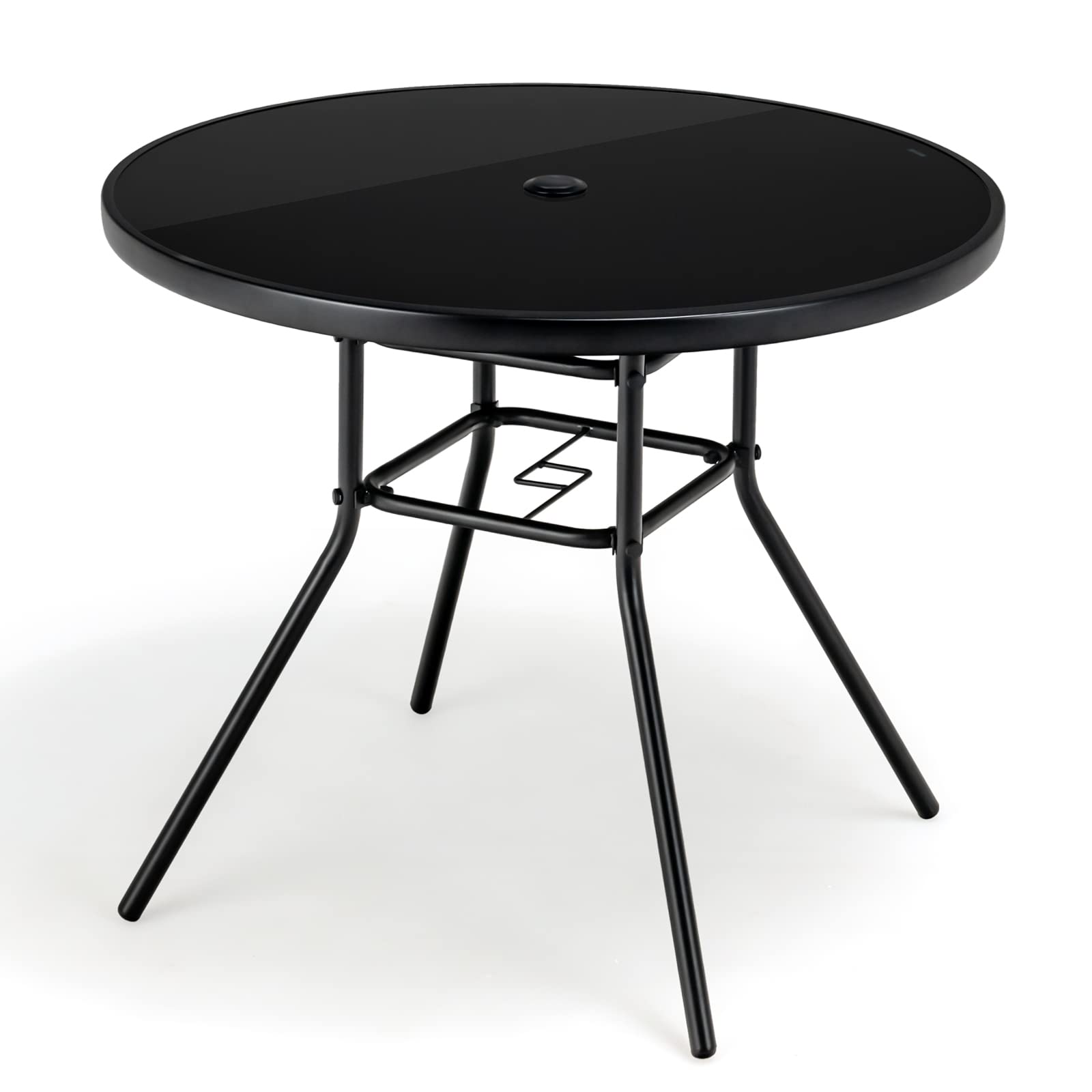 Tangkula 34 Inch Patio Dining Table, Round Tempered Glass Table with 1.5    Umbrella Hole, Heavy-Duty Metal Frame, Outdoor Metal