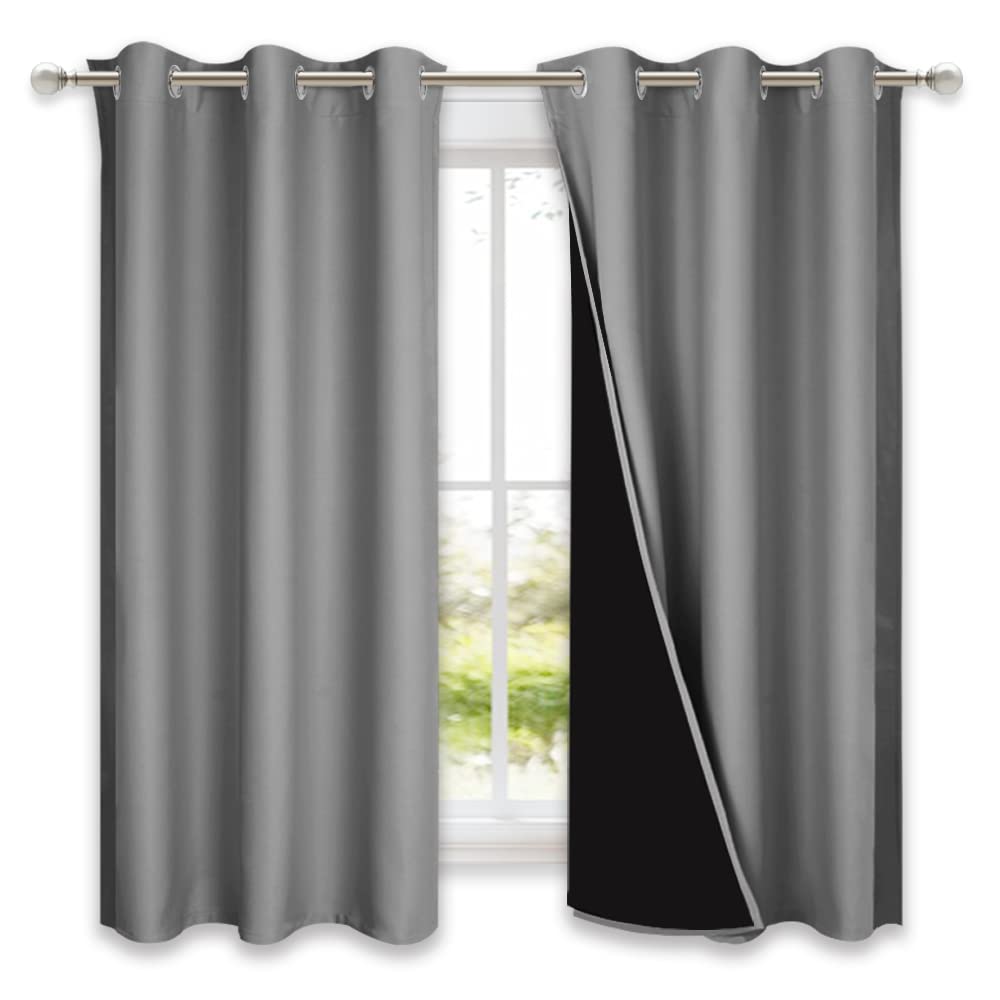 Nicetown 100% Blackout Curtains With Black Liners, Solid Thermal Insulated Full Blackout 2-Layer Lined Drapes, Energy Efficiency