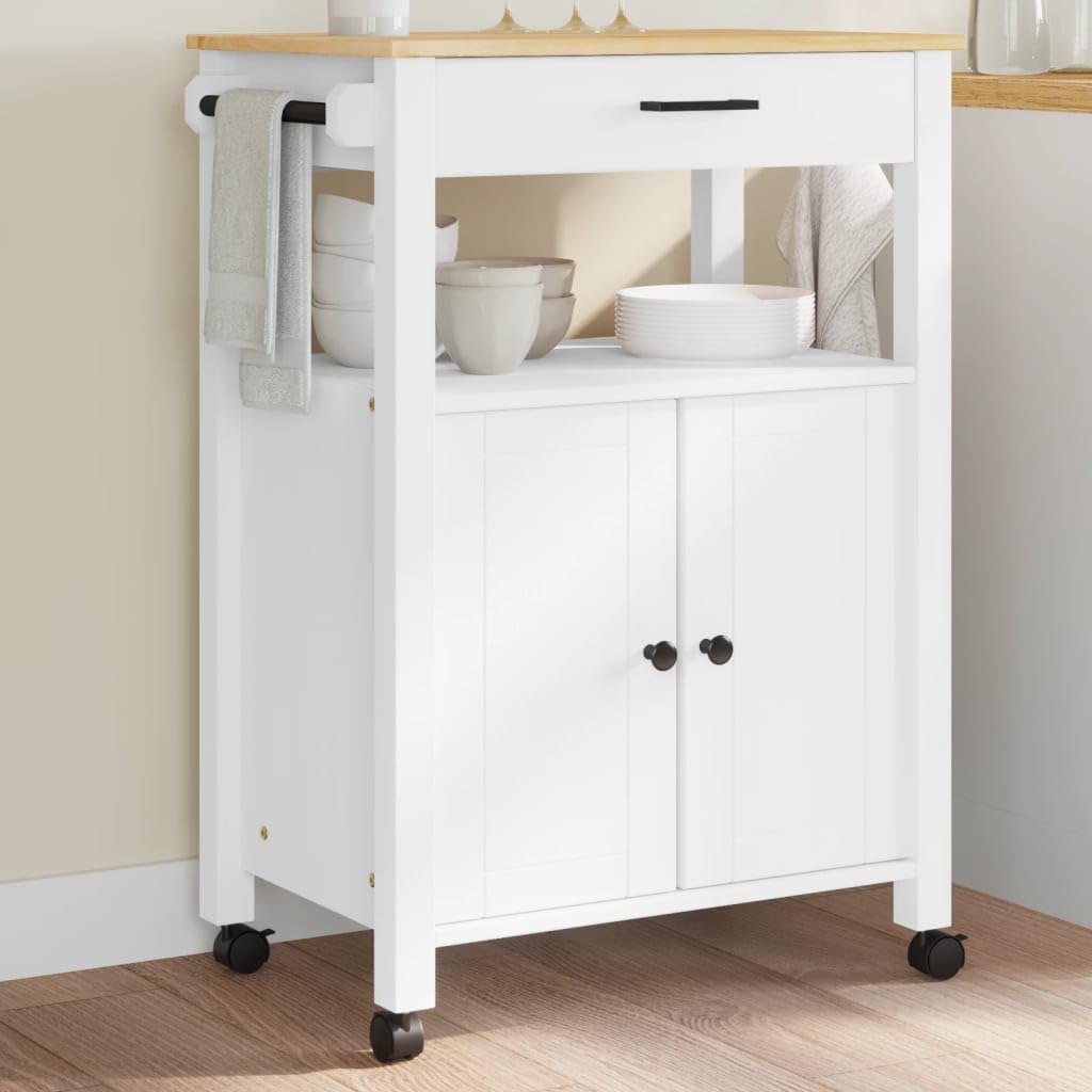vidaXL Solid Pine Wood Rolling Kitchen Trolley - White/Honey Wax Finish with Drawer, Cabinet, Hooks, 23.6&quot;x15.7&quot;x35.4&quot;