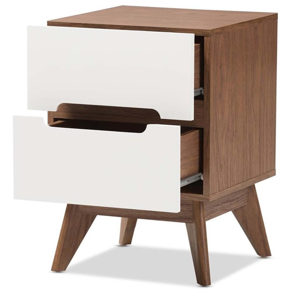 Baxton Studio Calypso Mid-Century Modern White and Walnut Wood 3-Drawer Storage Nightstand/Mid-Century/Particle Board/MDF with PU Paper/White/Walnut Brown