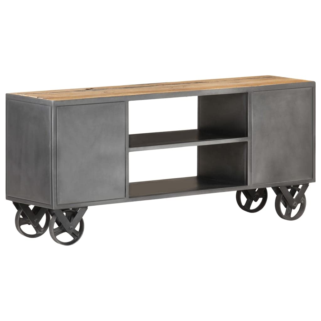 vidaXL Reclaimed Solid Wood TV Stand - Industrial Style Media Unit with Steel Frame, Two Doors and Shelves, Flexible Black Wheels - Size: 43.3&quot;x11.8&quot;x19.3&quot;