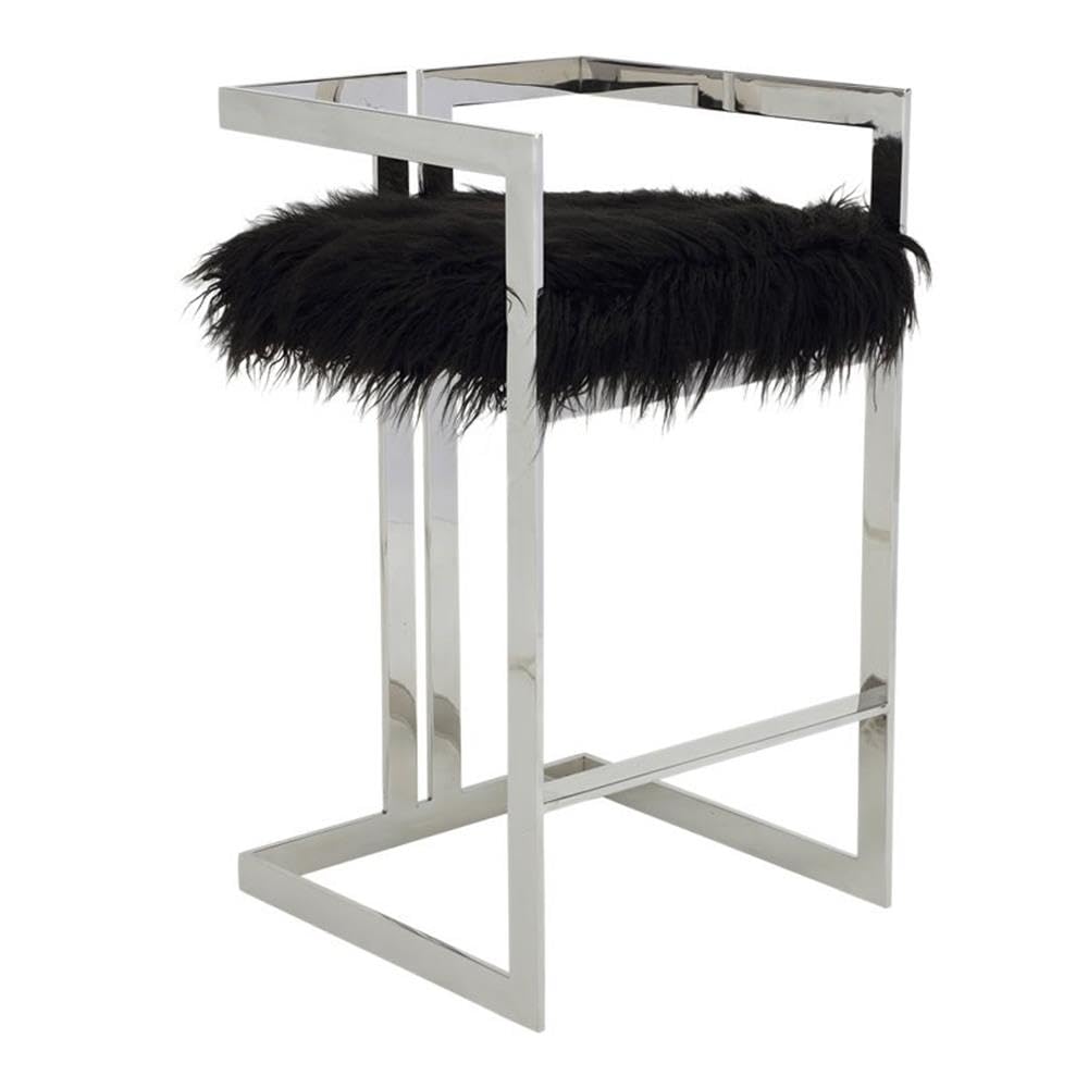 Pangea Home Kenzie 27.5&quot; Stainless Steel & Faux Fur Bar Stool In Black/Silver