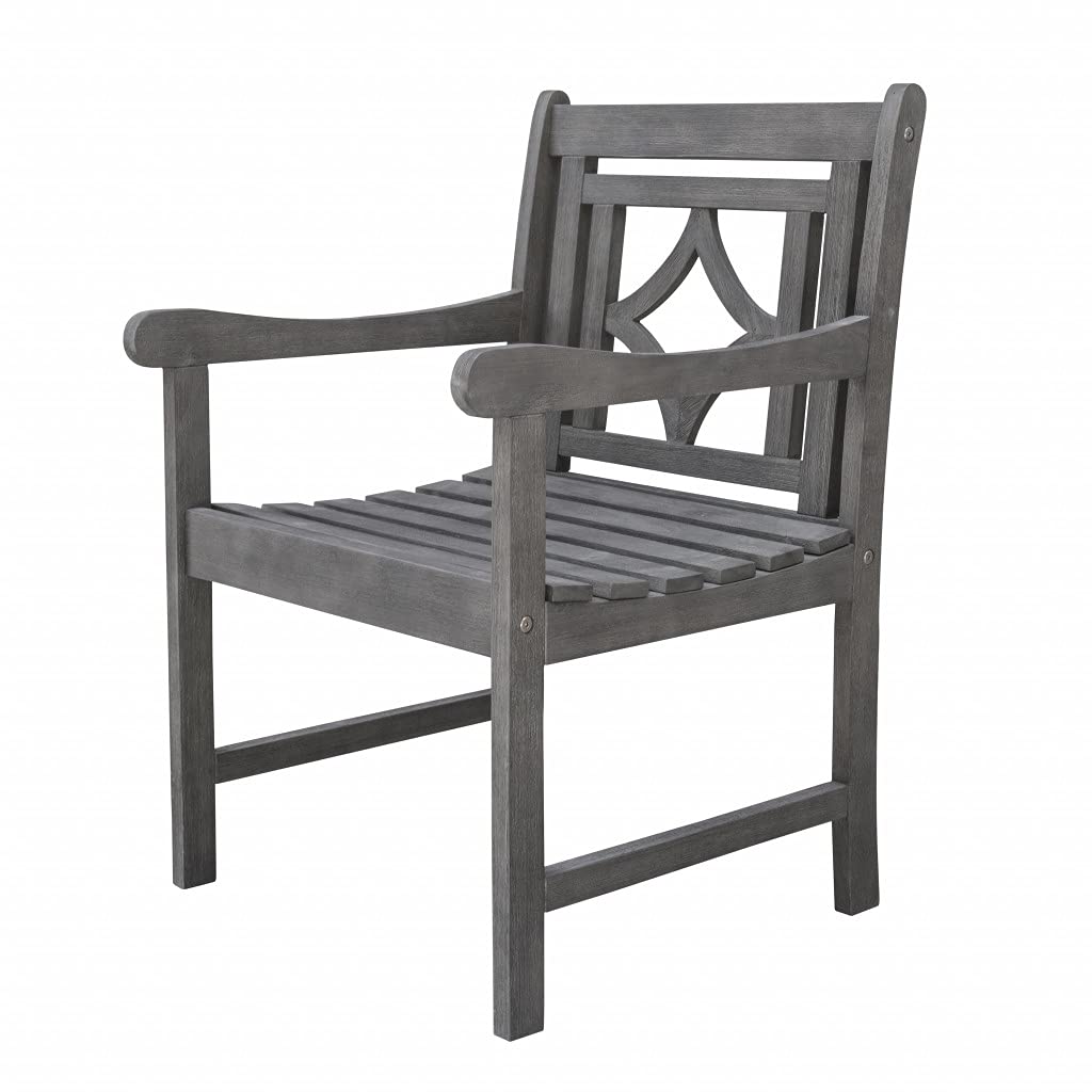 HomeRoots Gray Wood: Acacia Distressed Dining Armchair with Decorative Back