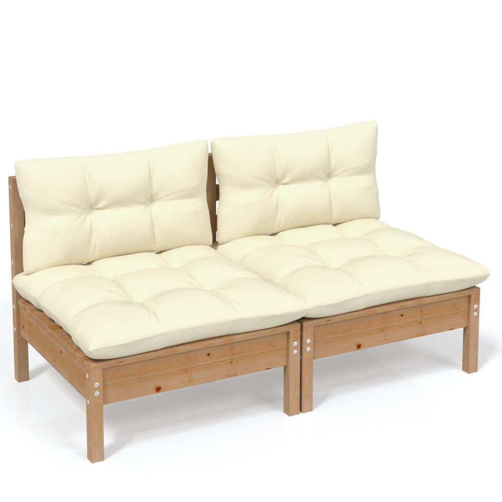 vidaXL Solid Wood Pine 2-Seater Patio Sofa with Cream Cushions Garden Outdoor Lawn Yard Terrace Balcony Wooden Seat Seating Sofa Furniture