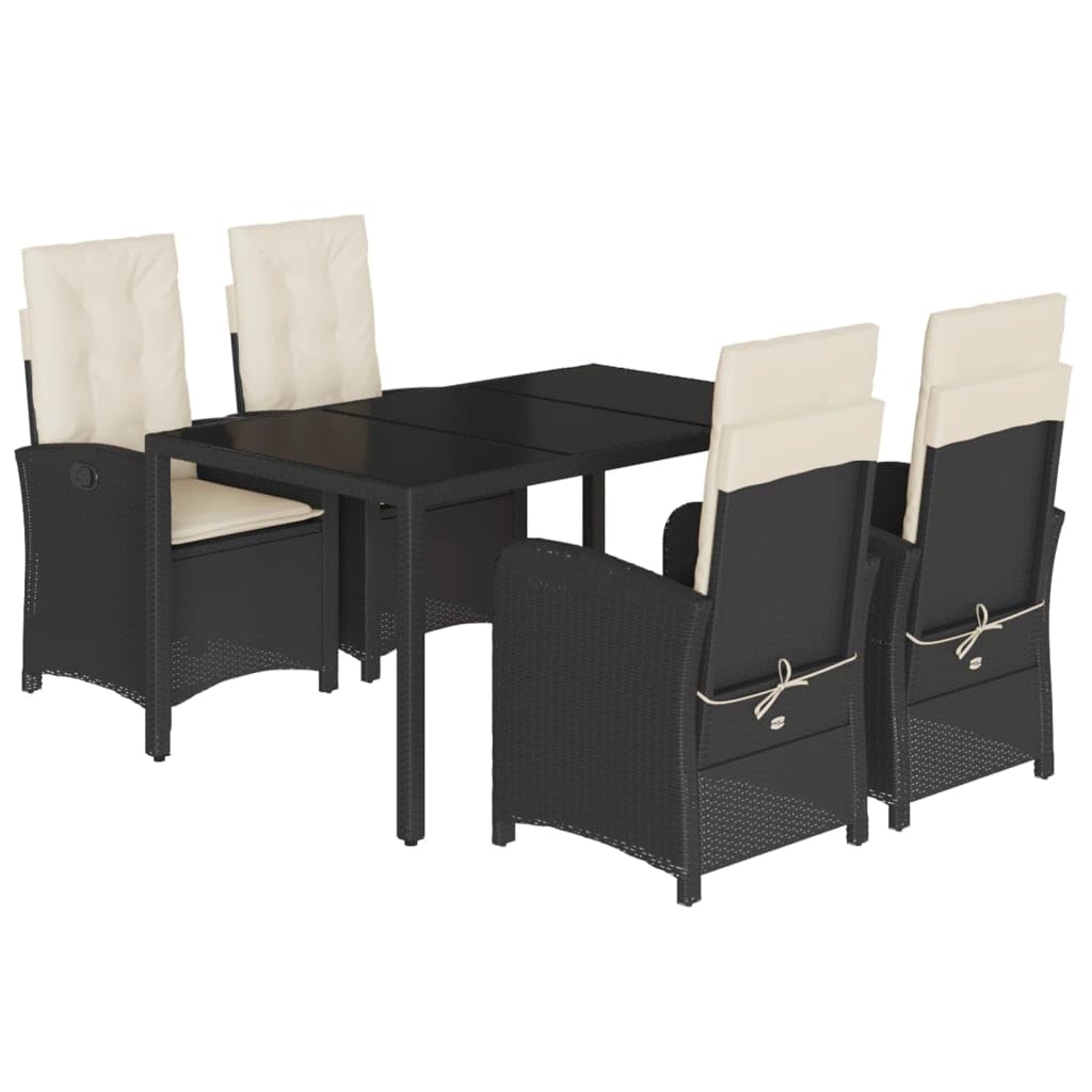 vidaXL 5 Piece Patio Dining Set with Cushions - Black Poly Rattan, Tempered Glass Tabletop, Adjustable Backrest, Outdoor/Garden Furniture, 59.1"x 35.4"x 29.5"