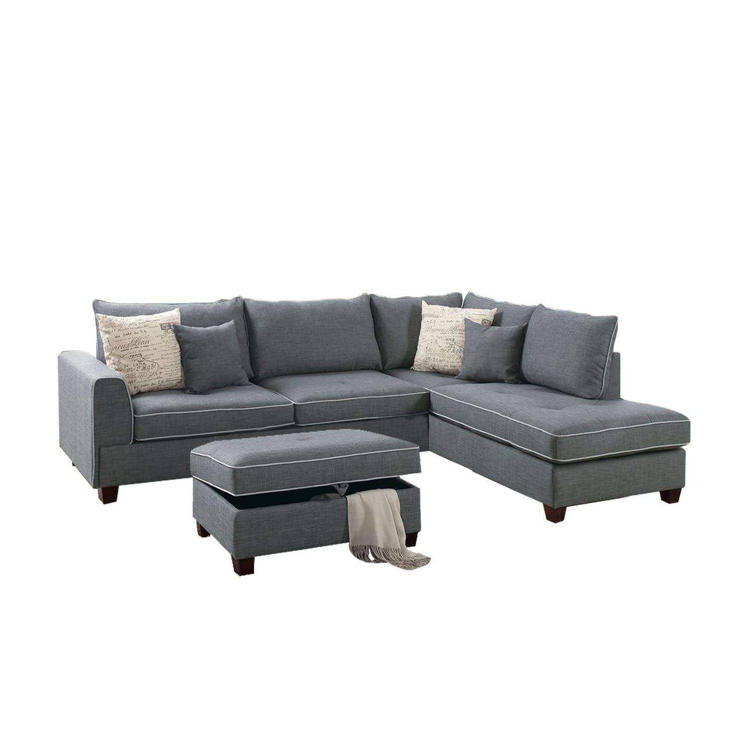 Benzara Doris Fabric 3 Piece Sectional with Storage Ottoman, Gray