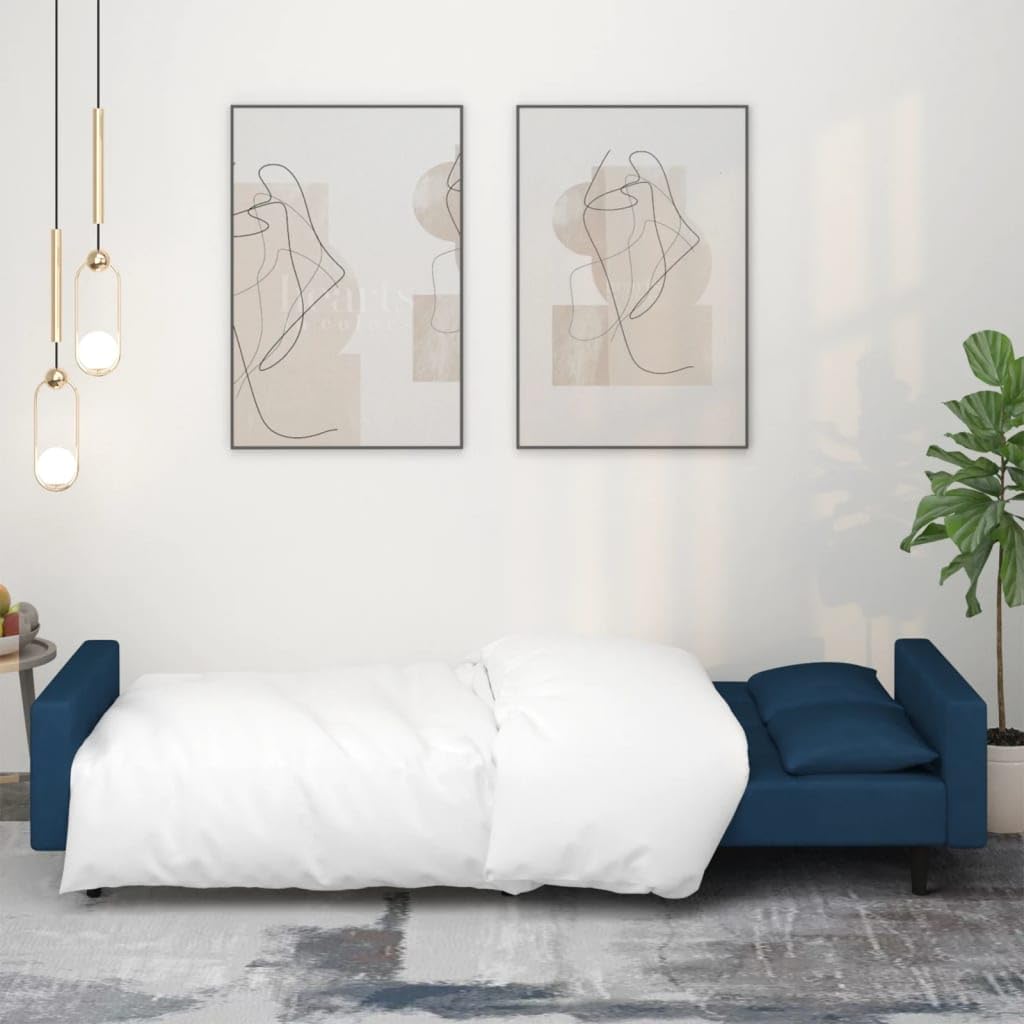 vidaXL Convertible 2-Seater Sofa Bed in Blue Velvet - Versatile Loveseat Couch with Pillows, Wooden Frame, Ideal for Home and Office