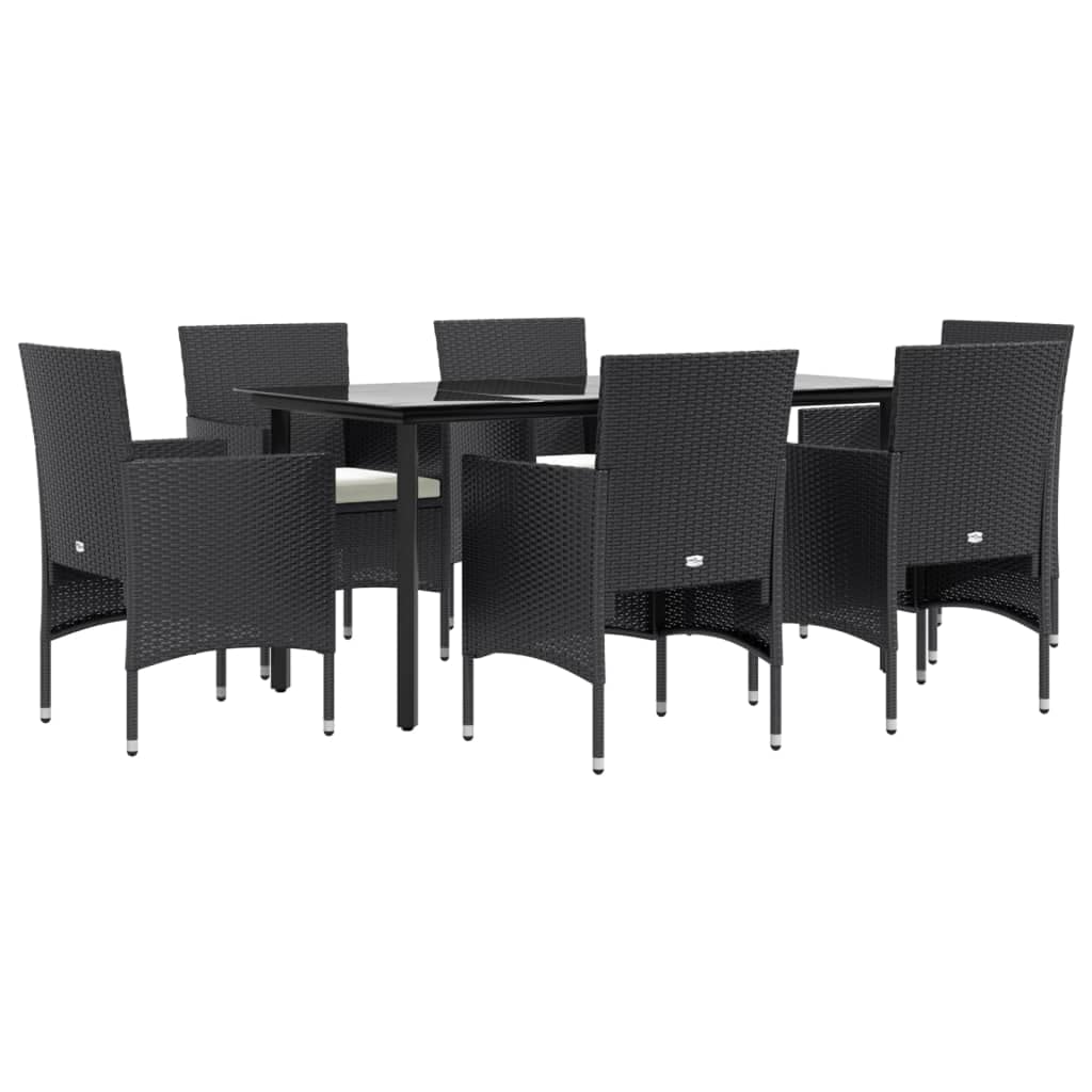 vidaXL 7-Piece Patio Dining Set - Black Poly Rattan Outdoor Furniture with Tempered Glass Tabletop, Padded Cushions and Sturdy Steel Frame