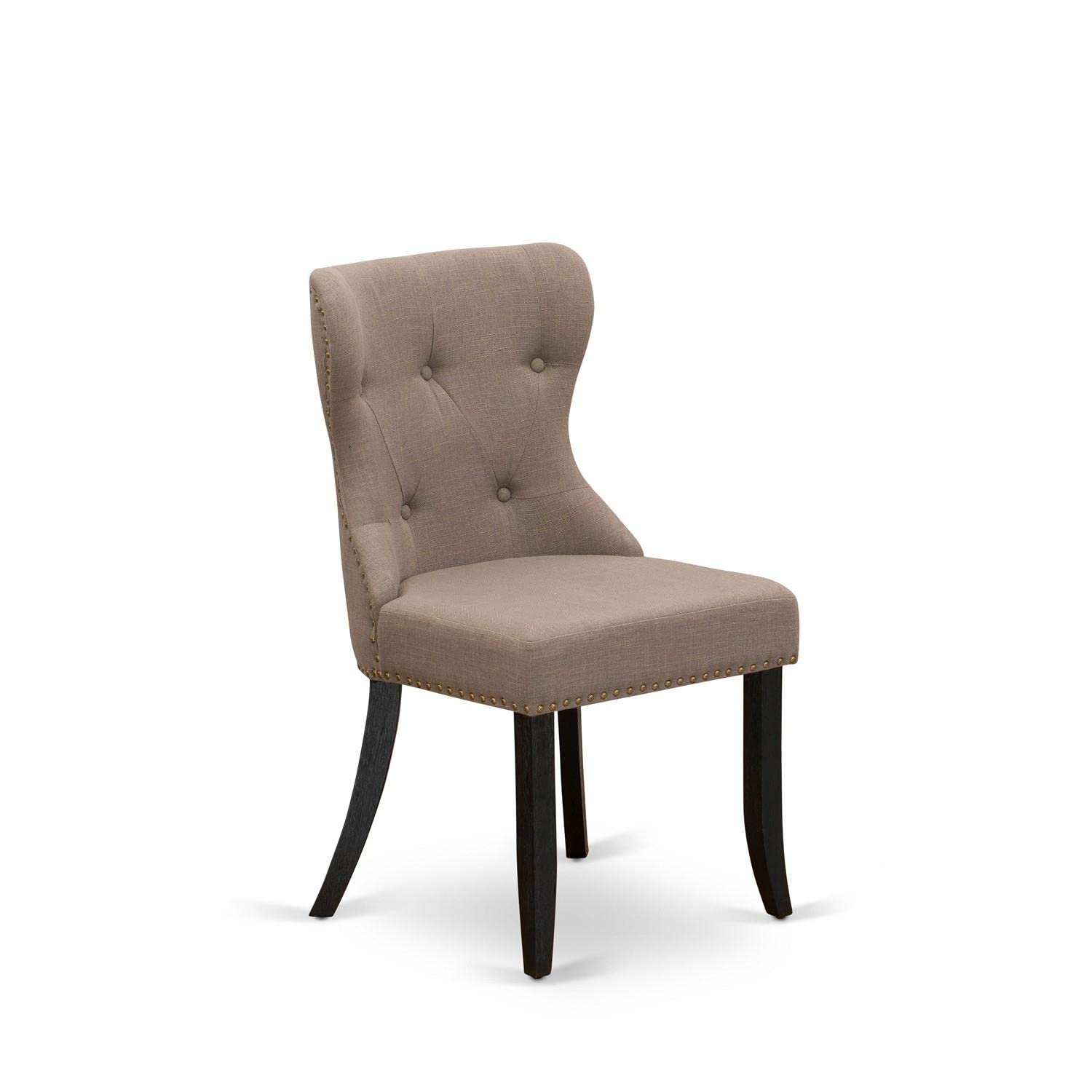 East West Furniture Sip6T48 Sion Parson Dining Room Chairs - Button Tufted Nailhead Trim Coffee Linen Fabric Padded Chairs, Set Of 2, Wirebrushed Black