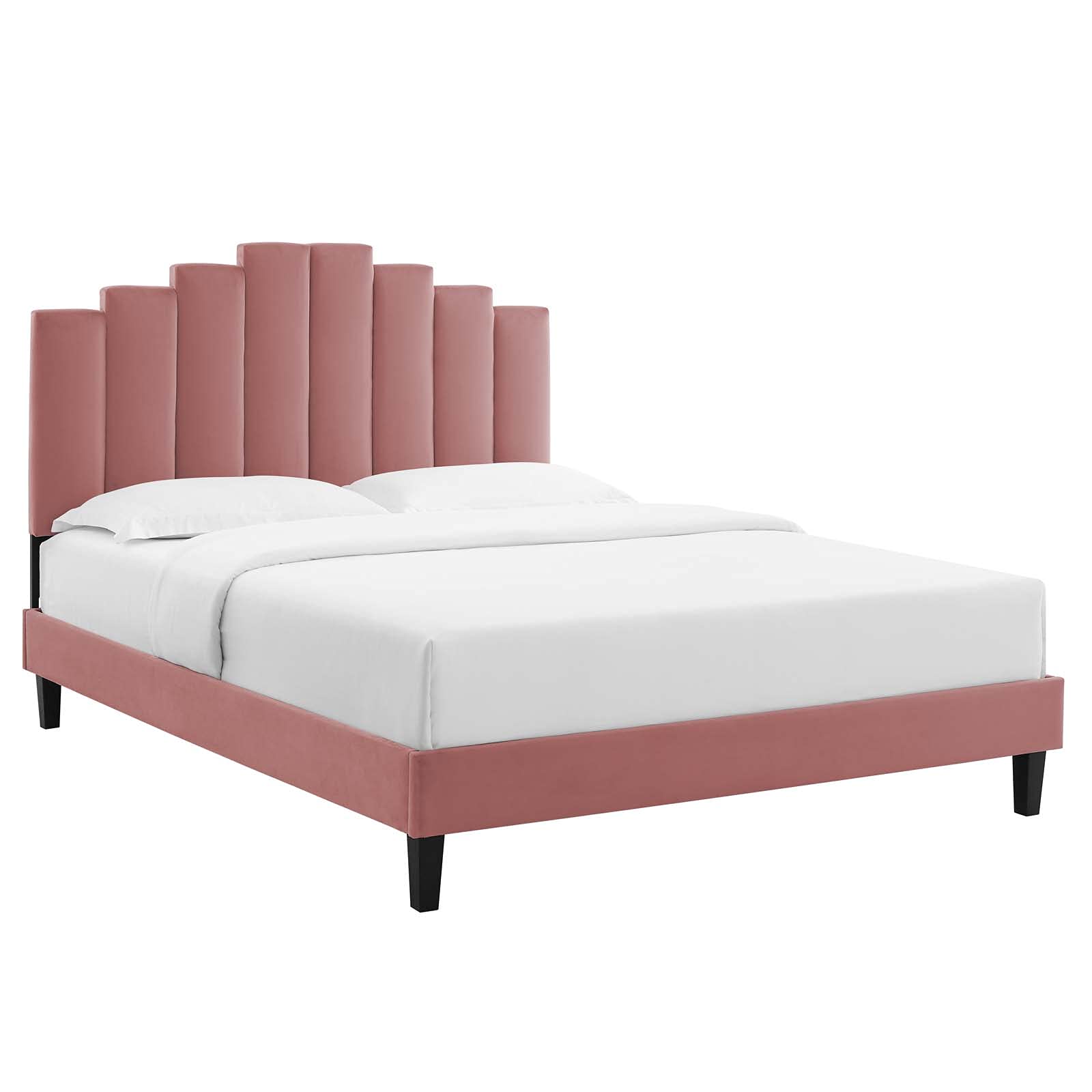 Modway Elise Channel Tufted Performance Velvet Full Platform Bed In White With Black Wood Legs, King, Dusty Rose