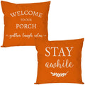 Pandicorn Welcome To Our Porch Stay Awhile Farmhouse Throw Pillow Covers 18X18 Set Of 2 Orange Outdoor Fall Porch Pillows Decora