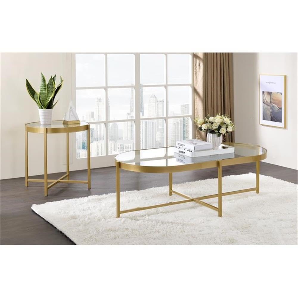 Acme Charrot Glass Top Coffee Table With Cross Bar Base In Clear Glass And Gold