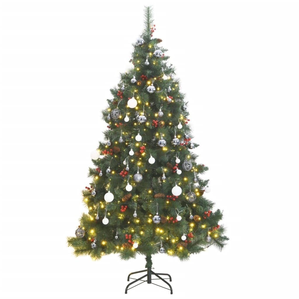 vidaXL Artificial Hinged Christmas Tree with LEDs, Decorative Cones, Berries and Mixed Size Ball Set, Stable Metal Stand, 70.9inch Tall, Green