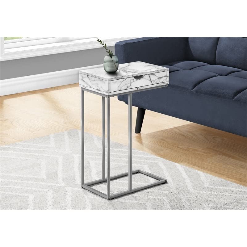 Monarch Specialties I 3772 Accent Table, C-Shaped, End, Side, Snack, Storage Drawer, Living Room, Bedroom, Metal, Laminate, White Marble Look, Grey