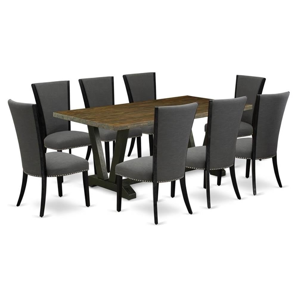 East West Furniture V677VE650-9 9 Pc Kitchen Table Set Contains a Distressed Jacobean Dining Table and 8 Dark Gotham Grey Linen Fabric Dining Chairs with High Back - Wire Brushed Black Finish