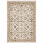 HomeRoots 509385 8 x 11 ft. Ivory & Gold Oriental Power Loom Stain Resistant Rectangle Area Rug with Fringe