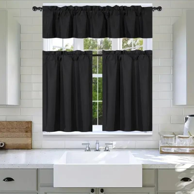 3Pc Set Solid Faux Silk Lined Blackout Rod Pocket Small Kitchen Window Curtain With Valance (K3) (Black)