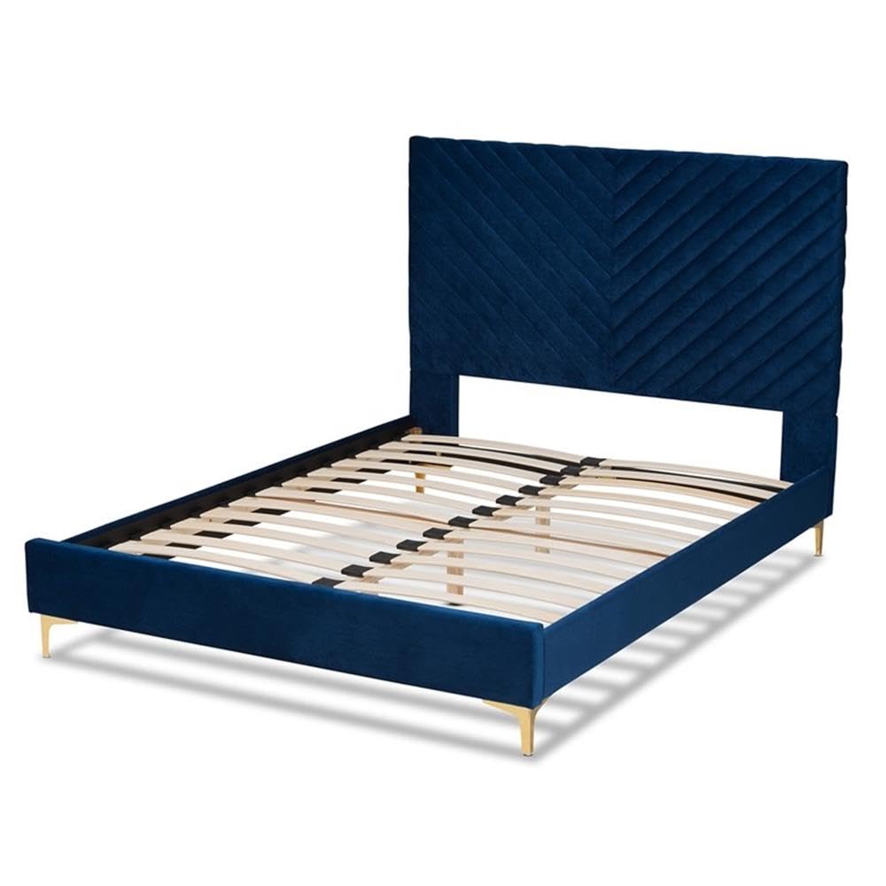 Baxton Studio Fabrico Contemporary Glam And Luxe Navy Blue Velvet Fabric Upholstered And Gold Metal King Size Platform Bed