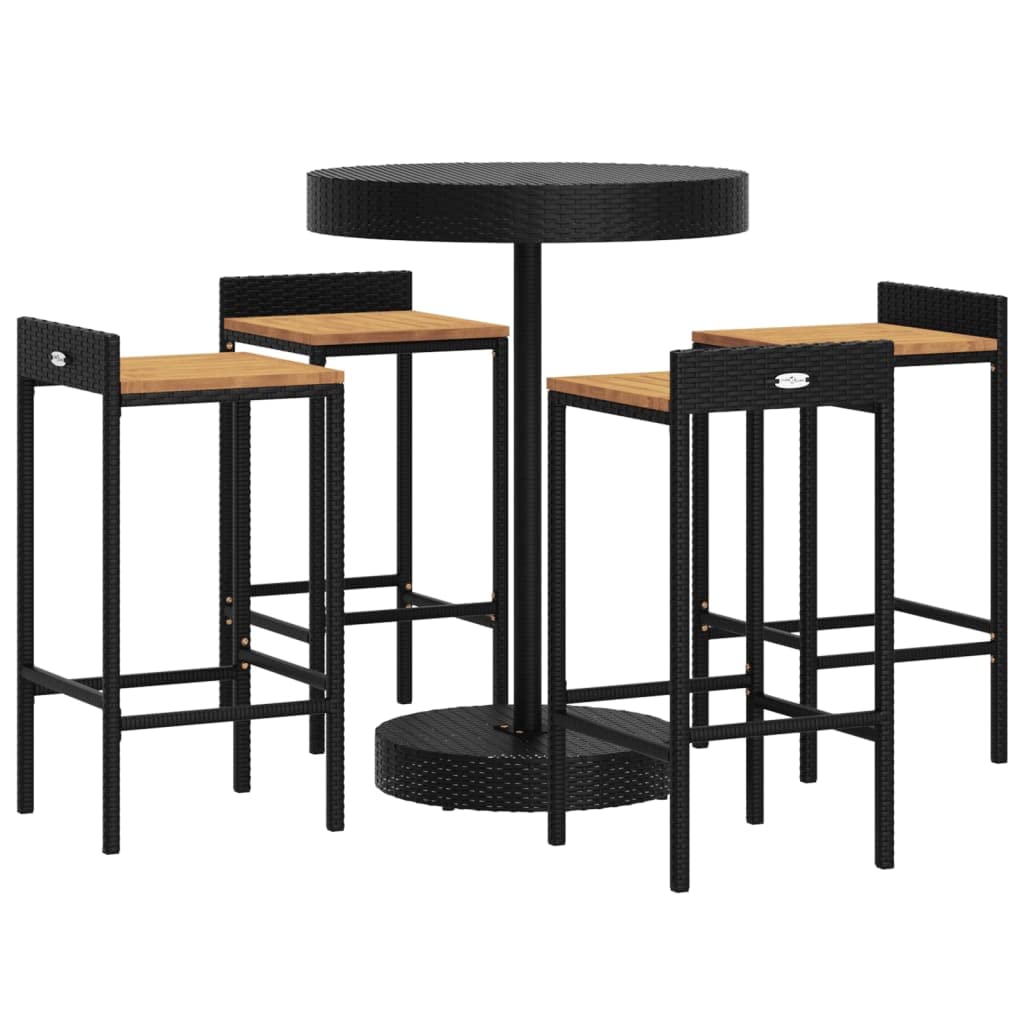 vidaXL Modern 5-Piece Patio Bar Set - Black Poly Rattan & Solid Acacia Wood - Comfortable Seating with Footrest & Round Table