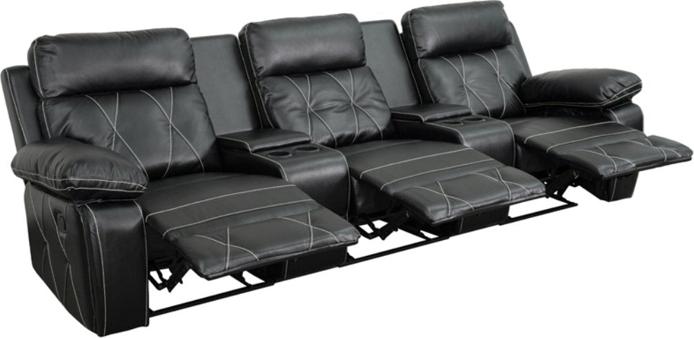 Flash Furniture Reel Comfort Series 2-Seat Reclining Black LeatherSoft Theater Seating Unit with Straight Cup Holders