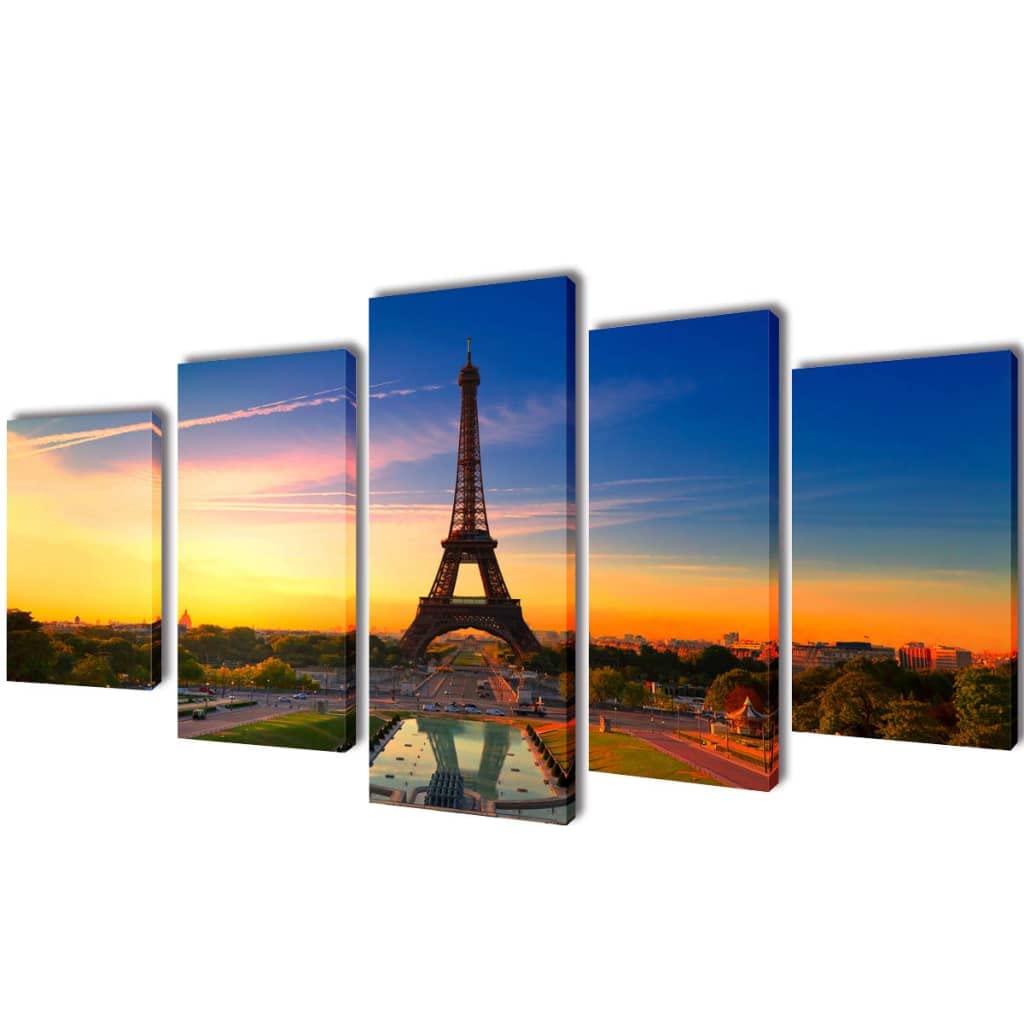 vidaXL Multicolour 5-Panel Canvas Wall Print Set - Eiffel Tower Theme - Waterproof Fabric - Ready to Mount - Ideal for Living Room, Dining Room, Bedroom